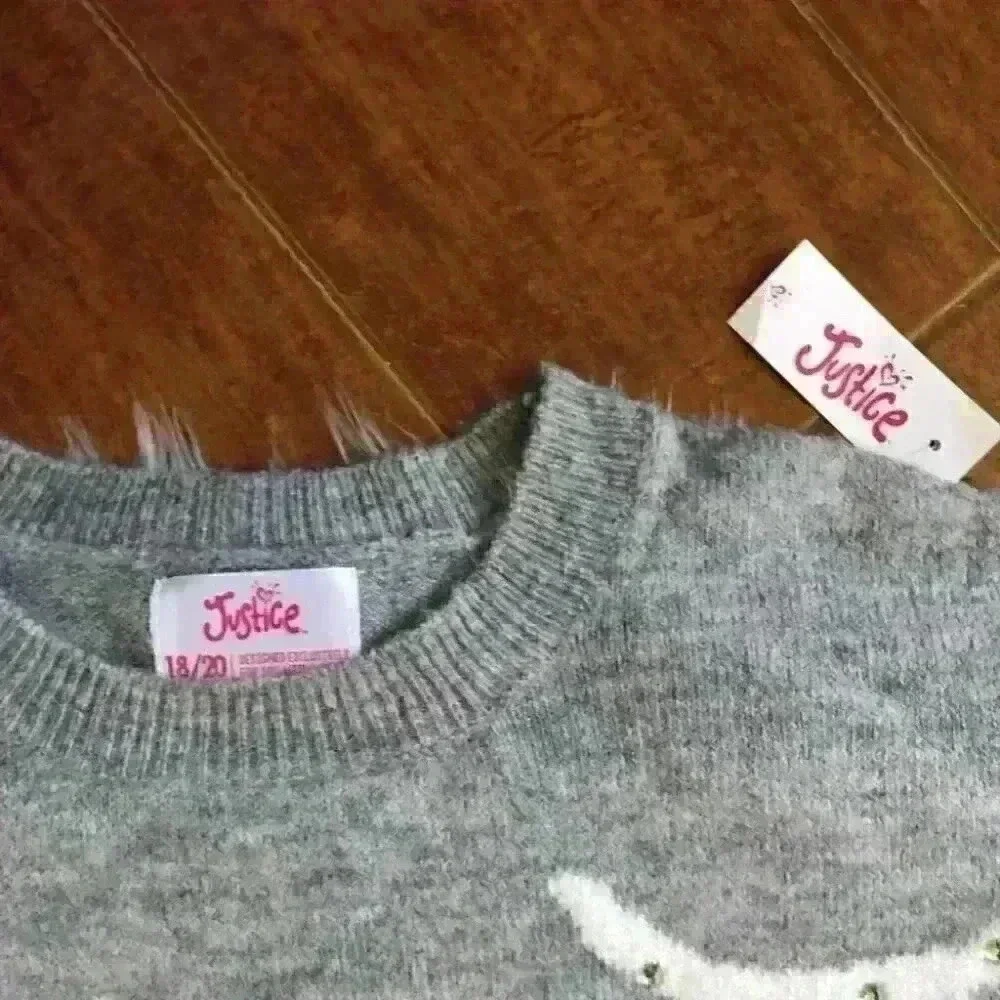 NWT Justice Gray white antler deer sweater girls size 18-20 PTP 23